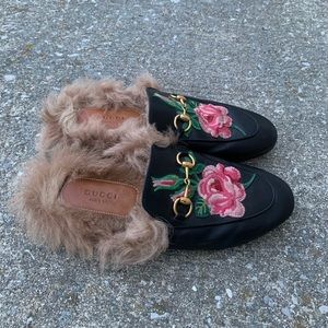 Gucci Princetown Embroidered Fur Slide Loafers